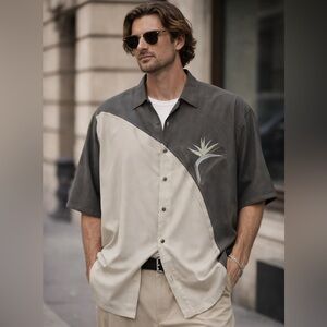 Men's Bamboo Cay Palm Embroidered Button‎ Hawaiian Shirt Very Nice🌴